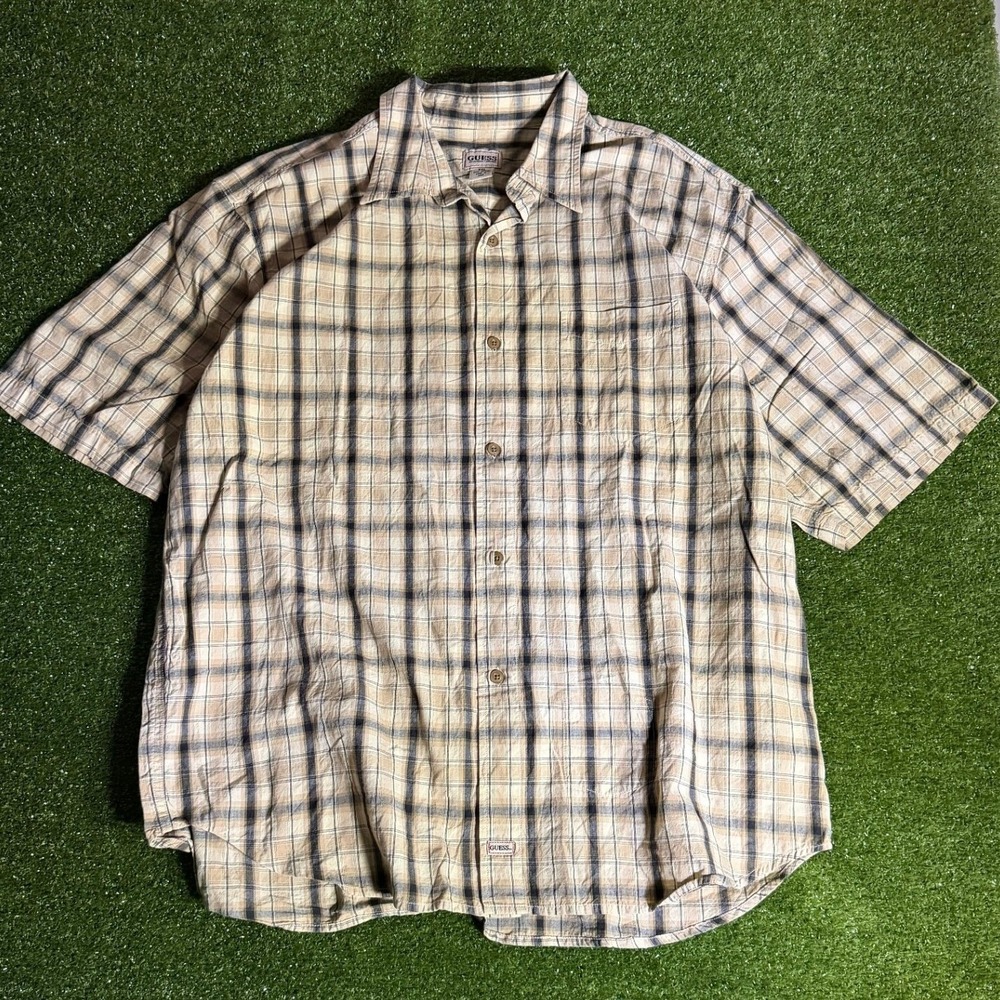 Vintage Guess‎ Plaid Short Sleeve Button Down Shirt Tan Blue Men's Large L Logo